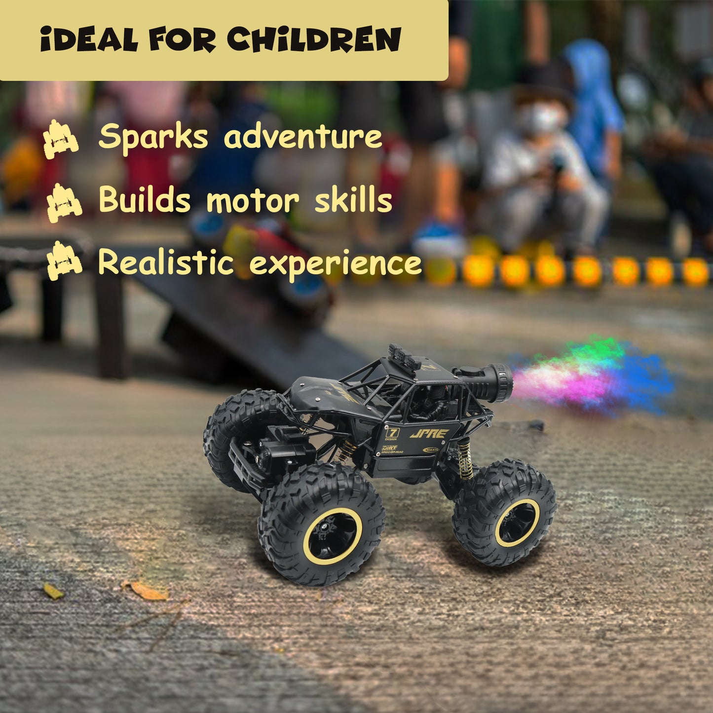 FUNFY FYRCC16001 1:16 Rock Explorer RC Toy Car With 4WD | Black | With 4 Soft Suspensions, Dual Motor, Lightning Mist Spray, Better gripping Tyres, Rugged Body and Rechargeable Battery for Kids Gift