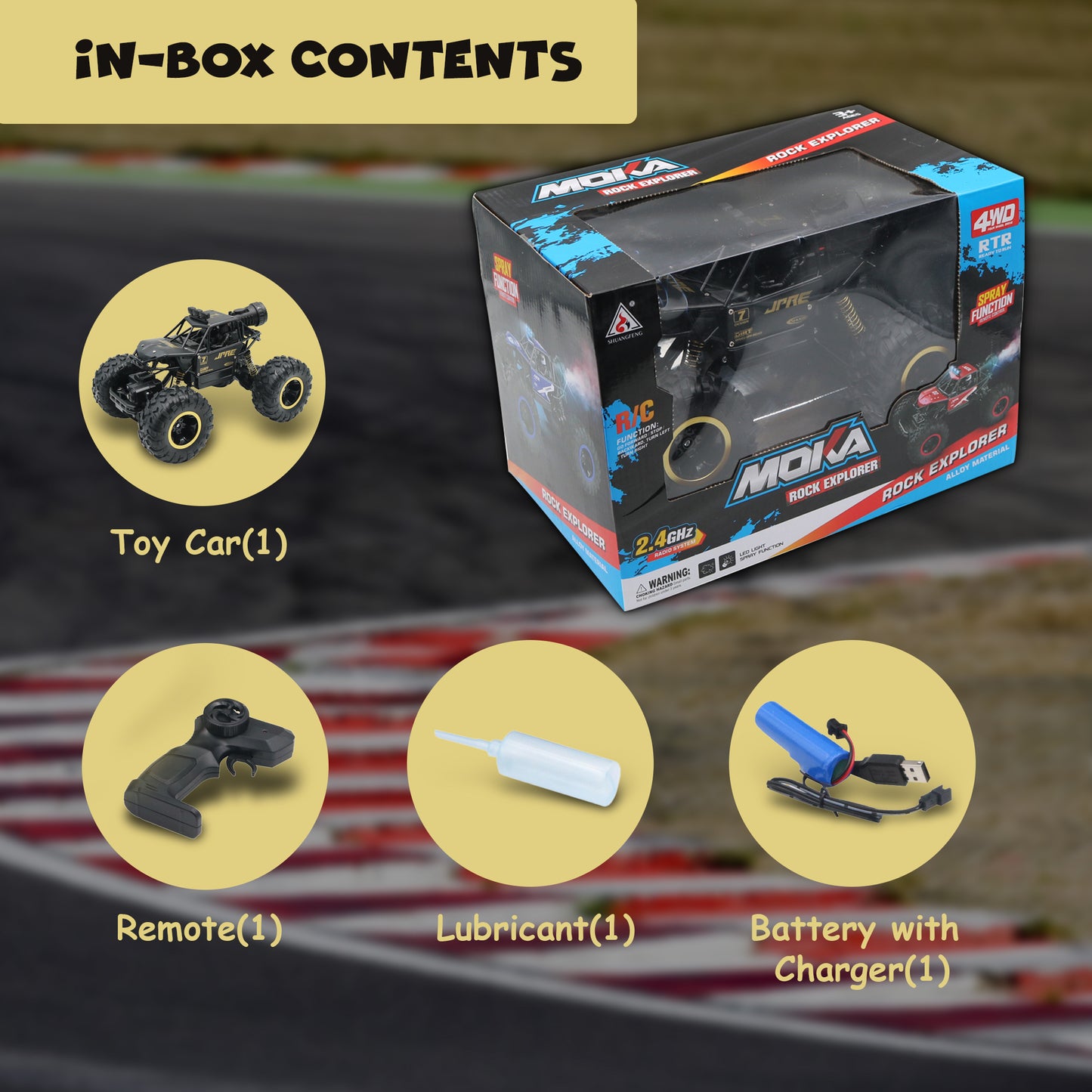 FUNFY FYRCC16001 1:16 Rock Explorer RC Toy Car With 4WD | Black | With 4 Soft Suspensions, Dual Motor, Lightning Mist Spray, Better gripping Tyres, Rugged Body and Rechargeable Battery for Kids Gift