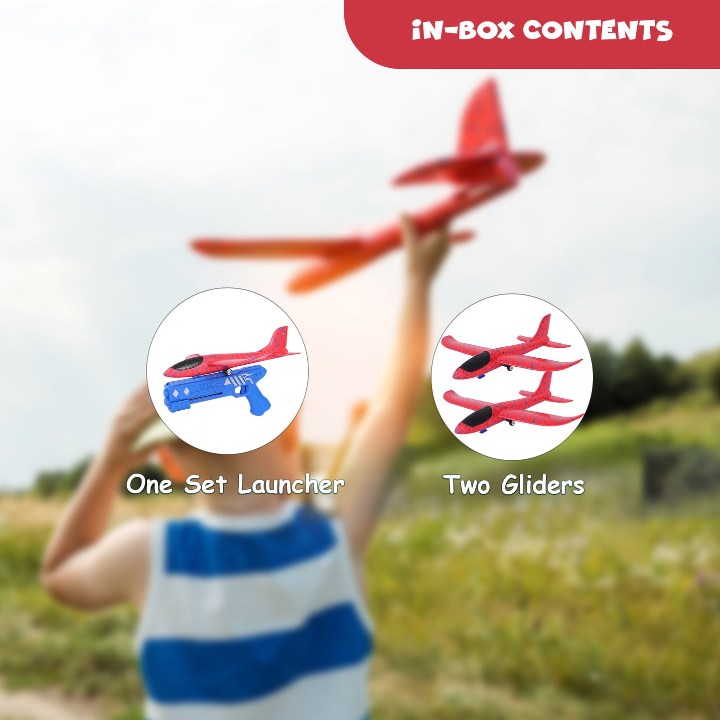 FUNFY Outdoor Foam Airplane Launcher Gun | EPP Polymer and Plastic |Blue and Red |2 Aircraft Gliders for Exciting Aerial Adventures | Provides Hours of Entertainment for Kids