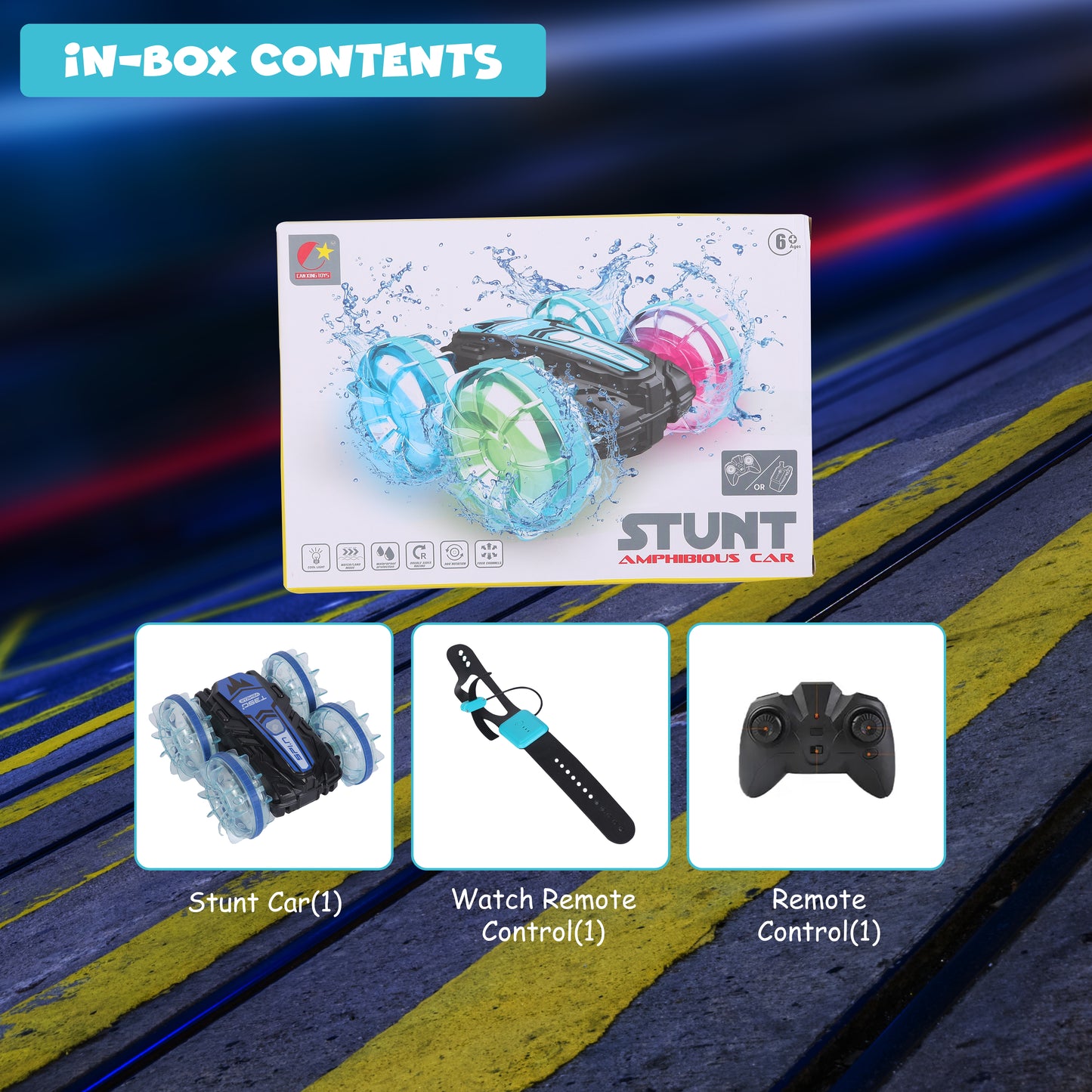 FUNFY Aqua Stunt RC Car With Illuminating Lights | 4WD with Water-Resistant | Multicolor |Kids All-Terrain Marvel Delivers Thrilling Stunts both on Land and in Aquatic Environments