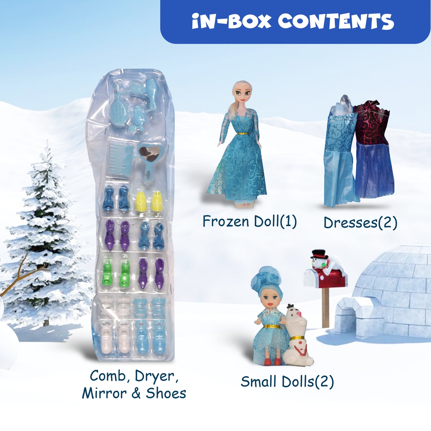 FUNFY 11" Ice Princess Doll Set | Includes Two Additional Small Dolls | Blue | Material: Plastic | Array of Accessories Including Dresses, Shoes, Comb and Mirror For Extended Play | For Girls