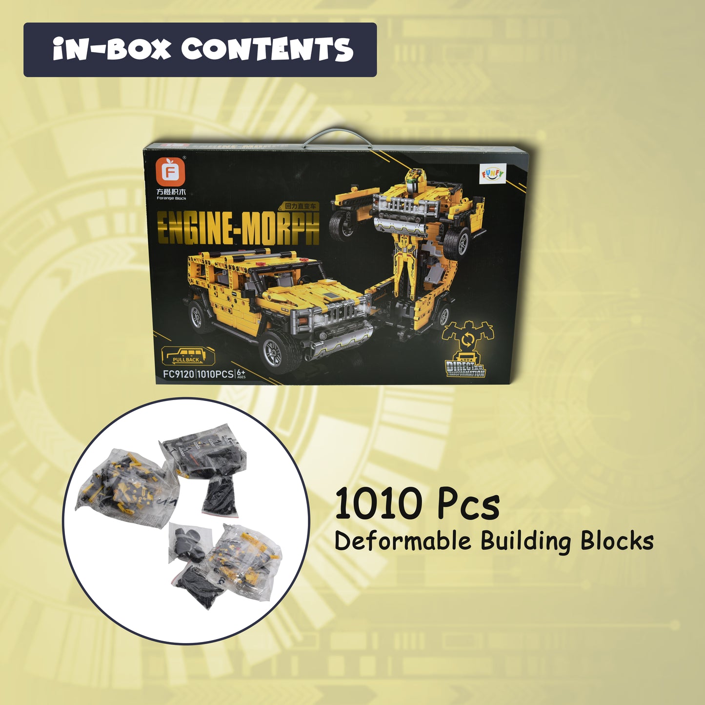 FUNFY 1010 Pcs 2-in-1 Pull Back Car and Transformer Building Blocks Toy | Yellow | ABS Plastic | This Deformation Car Become Transformer Figure | Perfect for Giftings | Action Figure