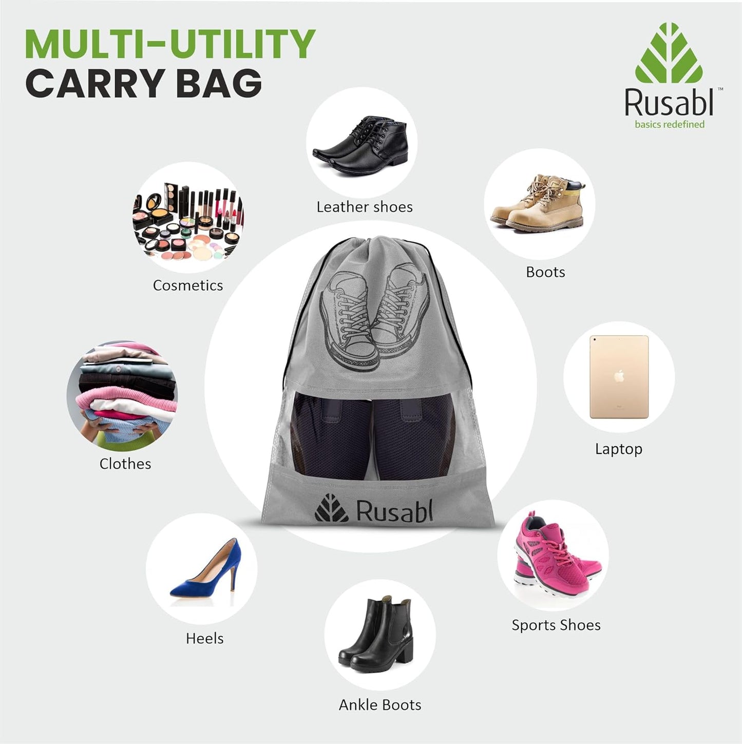 Rusabl Shoe Bag for Travel (Pack of 12, Black) Non Woven, See Through Window, Drawstring Closure, Travel Organiser Pouch for Women & Men Sports Shoes, Sandals, Slippers, Footwear Cover for Travelling