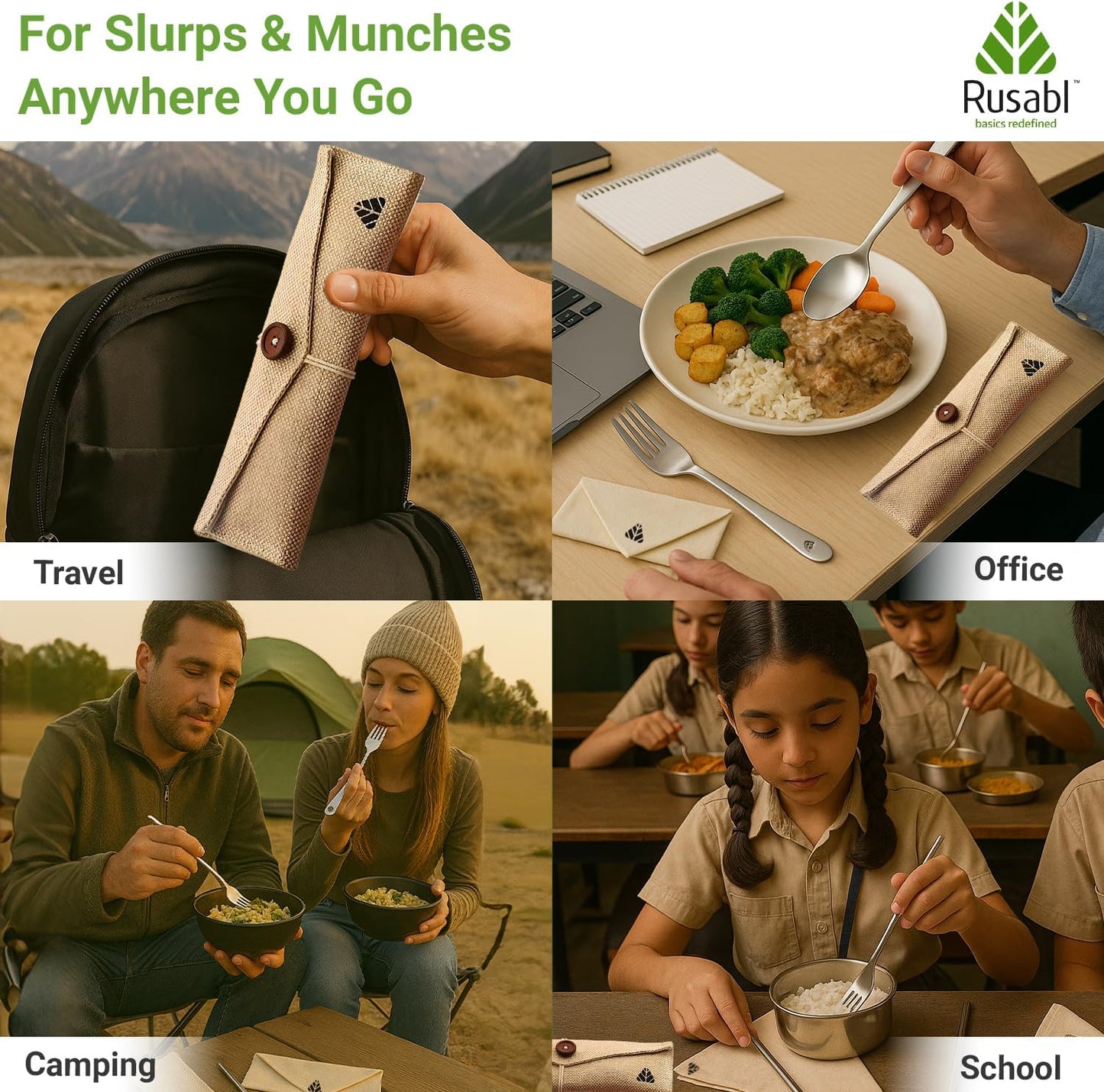 Rusabl Stainless Steel Cutlery Set | Reusable Travel Flatware for Daily Use, Gifting and Traveling (Spoon, Fork, Steel Straw, Straw Cleaner, Napkin in Beige Jute Pouch)