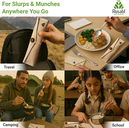 Rusabl Stainless Steel Cutlery Set | Reusable Travel Flatware for Daily Use, Gifting and Traveling (Spoon, Fork, Steel Straw, Straw Cleaner, Napkin in Beige Jute Pouch)