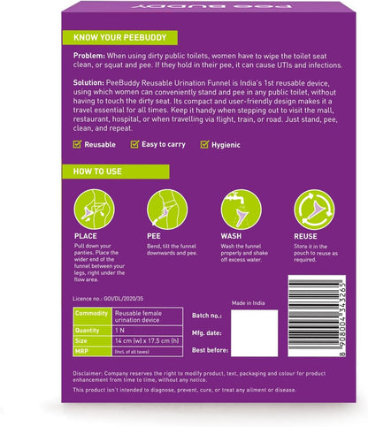 PeeBuddy reusable urination funnel packaging with text and icons on a purple background