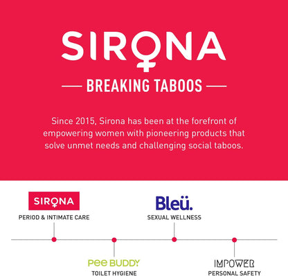 Sirona advertisement with brand logo and product categories on a red background