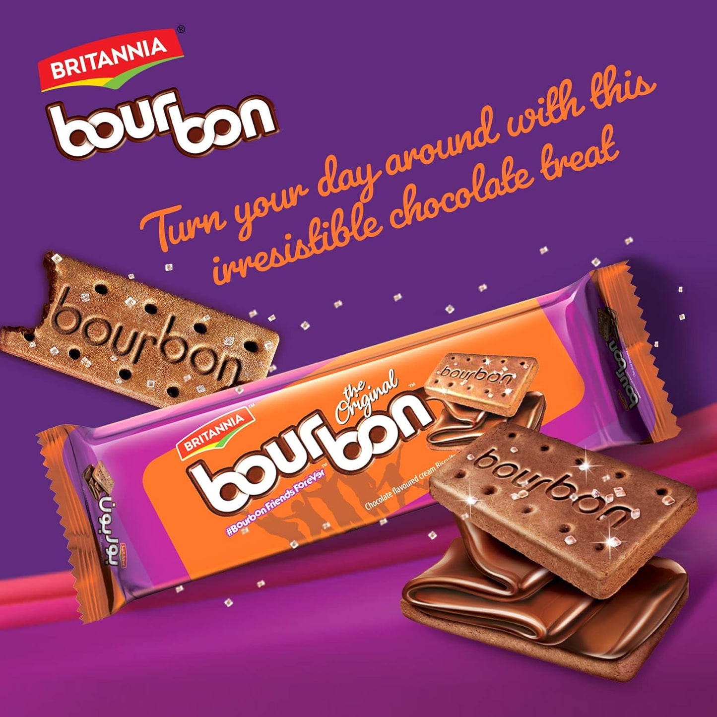 Britannia Bourbon The Original Cappuccino Crème Biscuits | Smooth Chocolate Cappuccino Cream Filling Crunchy Tea-Time Snack with Sugar Crystals (390g)