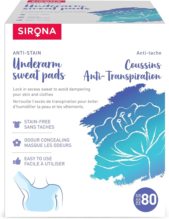 Sirona anti-stain underarm sweat pads packaging with blue and white design