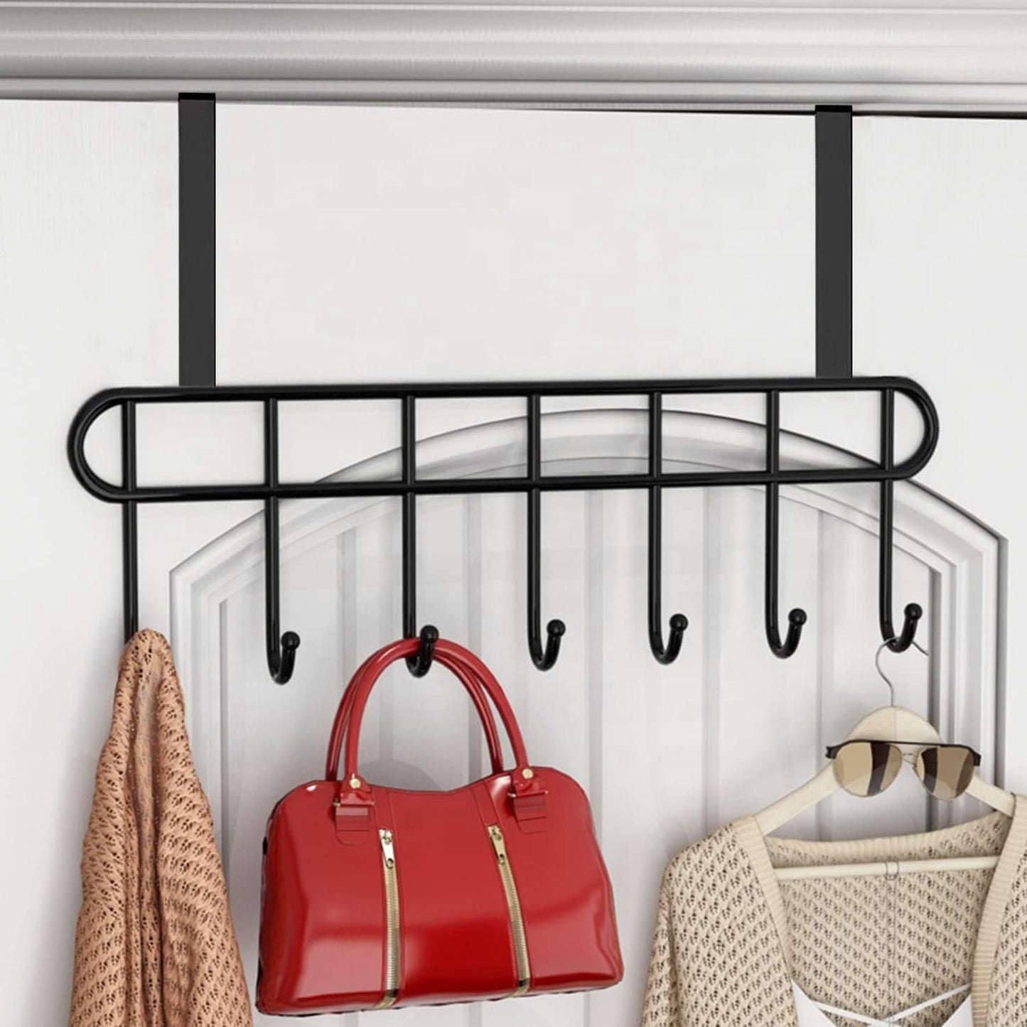 Trendy Home Over-The-Door Hook (Pack of 2) Heavy-Duty Over Door Hanger Holder for Coat Hanging, Robe, Hat, Clothes, Towels, Bathroom Organiser, Towel Rack, 7 Hooks, Matte Black