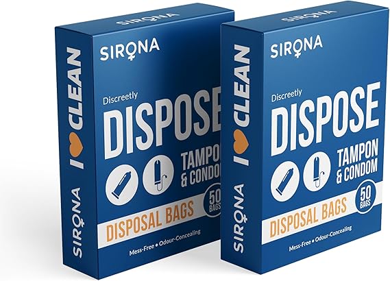 Two boxes of Sirona disposable bags for tampons and condoms on a white background