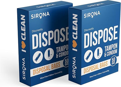 Two boxes of Sirona disposable bags for tampons and condoms on a white background