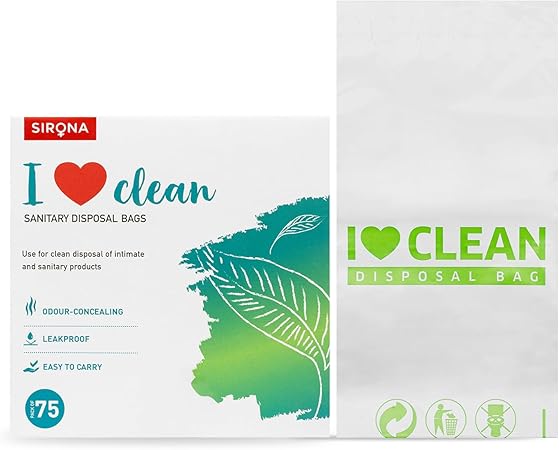 Sirona I Love Clean sanitary disposal bags packaging with leaf design on a white background