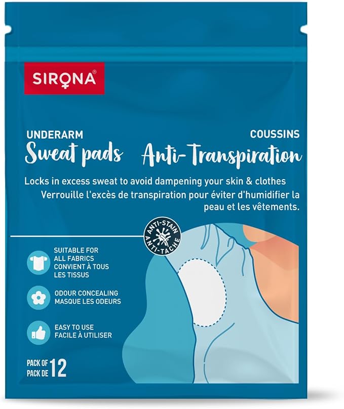 Sirona underarm sweat pads packaging with blue background and text.