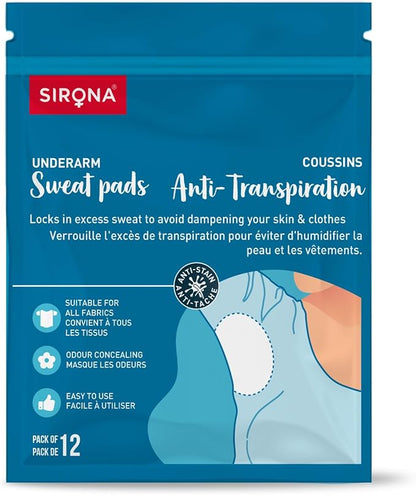 Sirona underarm sweat pads packaging with blue background and text.