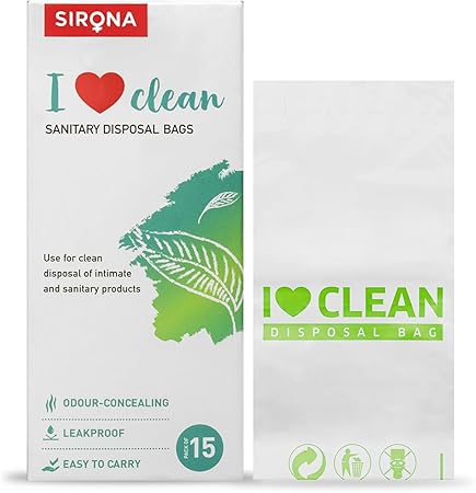 Sirona 'I ❤️ Clean' sanitary disposal bags packaging with a leaf design.