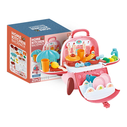 FUNFY 2-in-1 Portable Backpack Toy Kitchen Playset | Multicolor | Material : Plastic | Cooking Utensils, Pots, Fruits And Vegetables | Skill-Building | Role Playing Game | For Kids