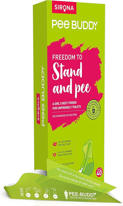Sirona Pee Buddy packaging with green and pink design on a white background
