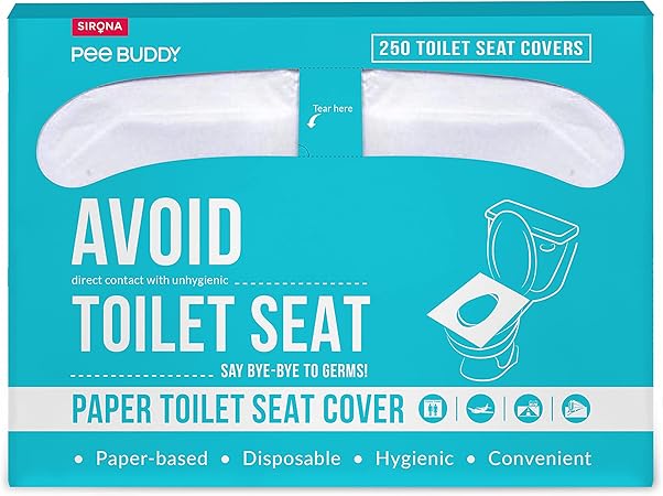 Sirona Pee Buddy toilet seat cover packaging with text and illustrations on a blue background