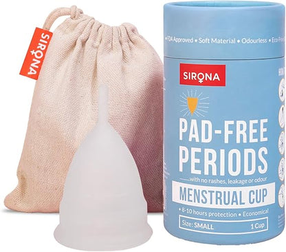 Menstrual cup with Sirona packaging and drawstring bag on a white background