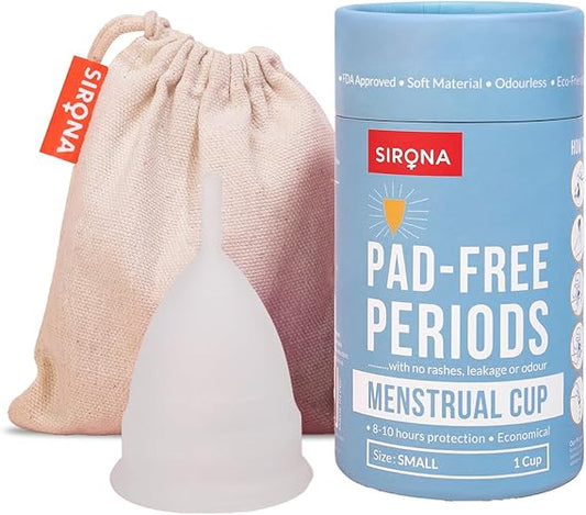 Menstrual cup with Sirona packaging and drawstring bag on a white background