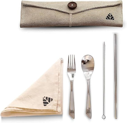 Rusabl Stainless Steel Cutlery Set | Reusable Travel Flatware for Daily Use, Gifting and Traveling (Spoon, Fork, Steel Straw, Straw Cleaner, Napkin in Beige Jute Pouch)