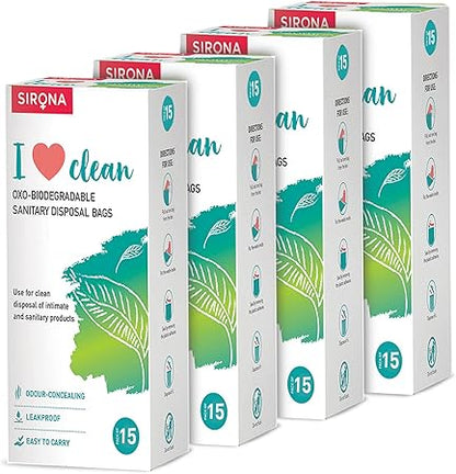 Multiple boxes of Sirona I ❤️ clean eco-biodegradable sanitary disposal bags on a white background.