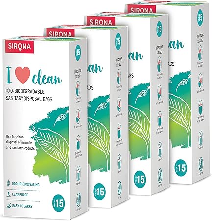 Multiple boxes of Sirona I ❤️ clean eco-biodegradable sanitary disposal bags on a white background.