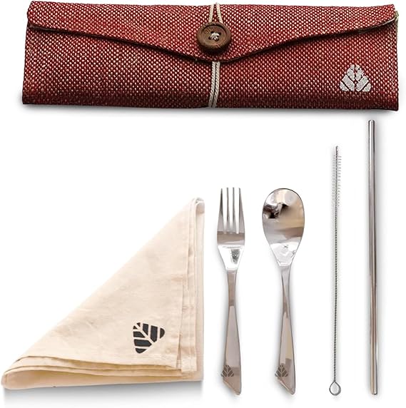 Rusabl Stainless Steel Cutlery Set Reusable Travel for Daily Use, Gifting and Traveling, Spoon and Fork Set (Spoon, Fork, Steel Straw, Cleaner, Napkin and Jute Pouch (Red)