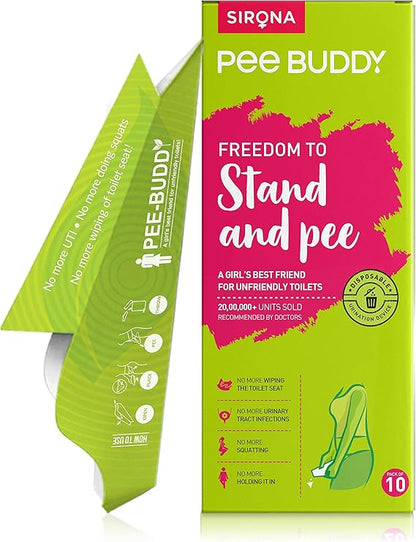 Sirona Pee Buddy product packaging with green and pink design on a white background