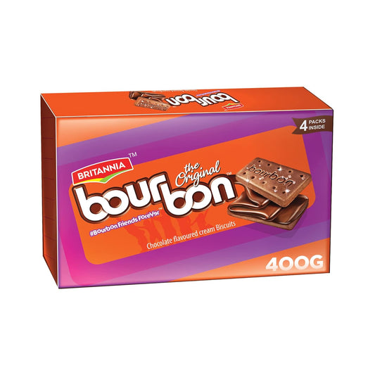 Britannia Bourbon The Original Cappuccino Crème Biscuits Smooth Chocolate Cappuccino Cream Filling Crunchy Tea-Time Snack with Sugar Crystals (390g)