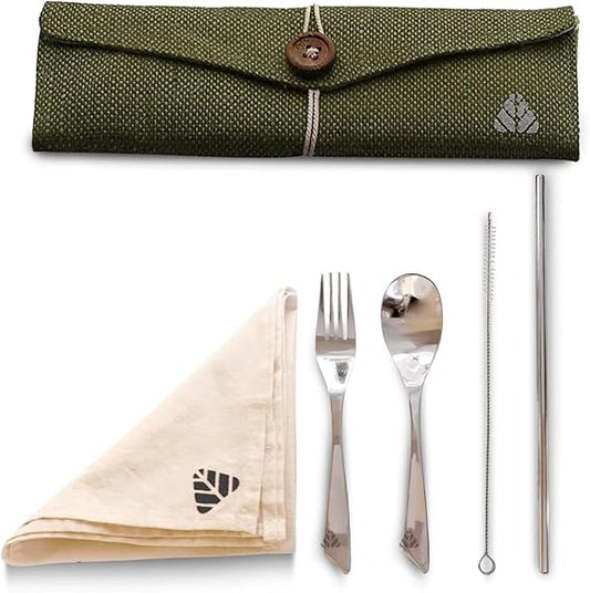 Rusabl Stainless Steel Cutlery Set Reusable Travel for Daily Use, Gifting and Traveling, Spoon and Fork Set (Spoon, Fork, Steel Straw, Cleaner, Napkin and Jute Pouch (Green)