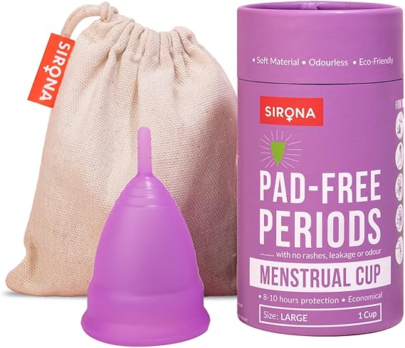 Purple menstrual cup with Sirona branded packaging and drawstring bag on a light background