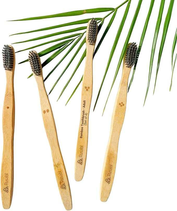 Rusabl Organic Bamboo Toothbrush for Adults (Pack of 4) Manual, Charcoal Activated Soft Bristles, Identification Marks, Biodegradable, Anti-Bacterial, Eco-friendly, Natural