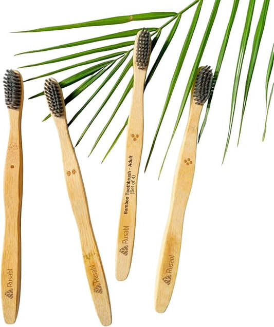 Rusabl Organic Bamboo Toothbrush for Adults (Pack of 4) Manual, Charcoal Activated Soft Bristles, Identification Marks, Biodegradable, Anti-Bacterial, Eco-friendly, Natural