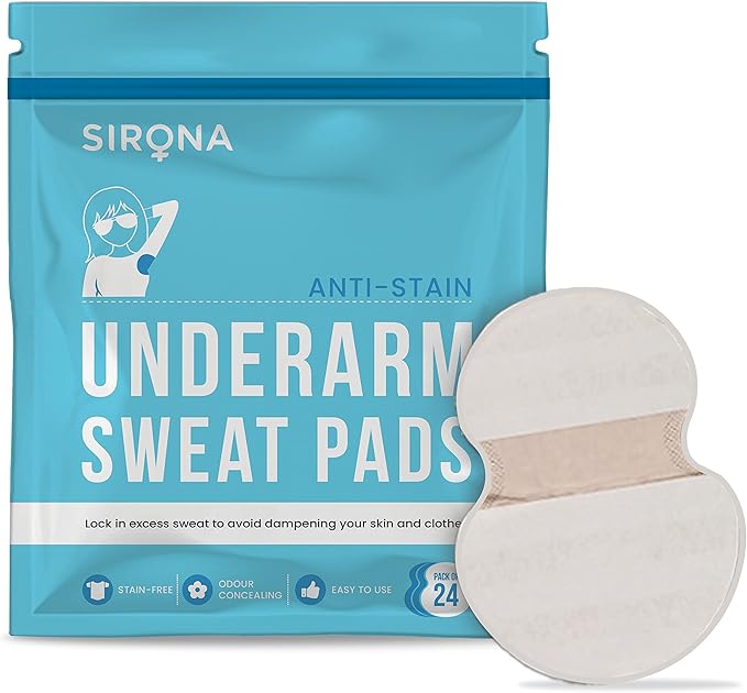 Sirona anti-stain underarm sweat pads with packaging on a white background