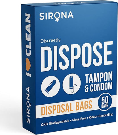 Sirona tampon and condom disposal bags packaging on a white background