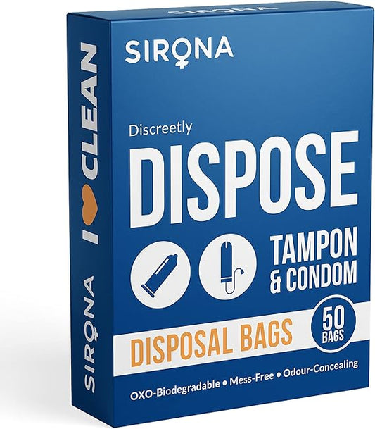 Sirona tampon and condom disposal bags packaging on a white background