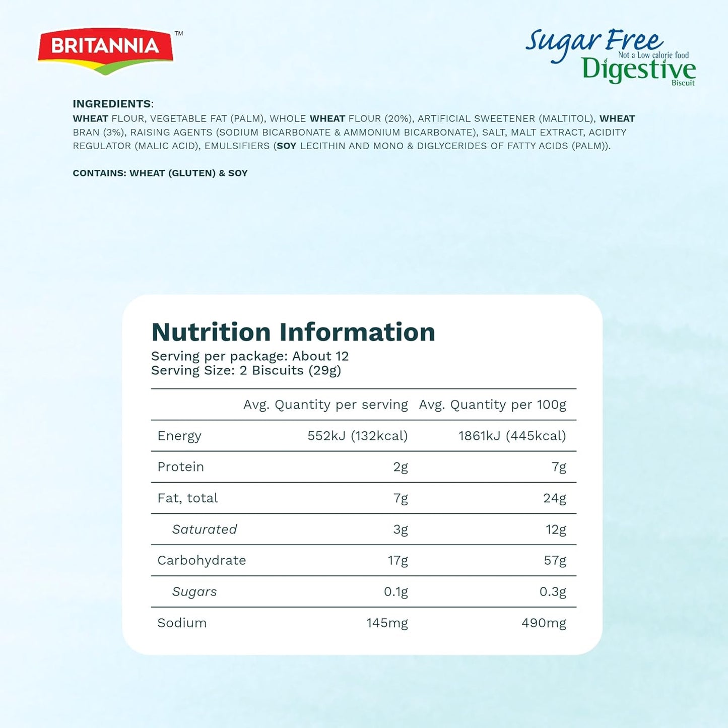 BRITANNIA Digestive Sugar Free Biscuits | Whole Wheat Flavor Cookies - Breakfast & Tea Time Healthy Snacks (Pack of 1) (350g)