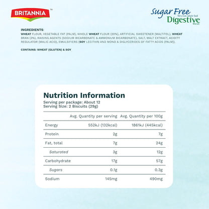 BRITANNIA Digestive Sugar Free Biscuits | Whole Wheat Flavor Cookies - Breakfast & Tea Time Healthy Snacks (Pack of 1) (350g)
