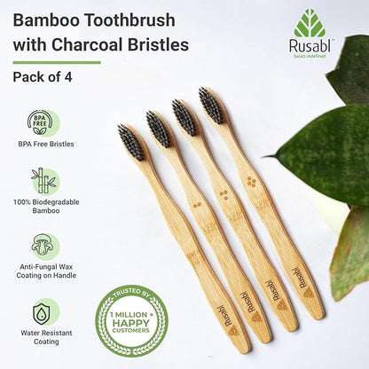Rusabl Organic Bamboo Toothbrush for Adults (Pack of 4) Manual, Charcoal Activated Soft Bristles, Identification Marks, Biodegradable, Anti-Bacterial, Eco-friendly, Natural