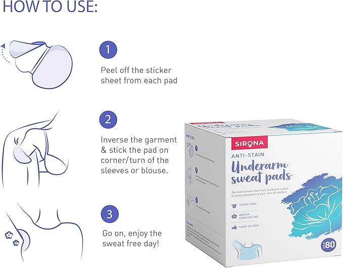 Sirona anti-stain underarm sweat pads packaging with usage instructions on a white background