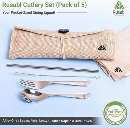 Rusabl Stainless Steel Cutlery Set | Reusable Travel Flatware for Daily Use, Gifting and Traveling (Spoon, Fork, Steel Straw, Straw Cleaner, Napkin in Beige Jute Pouch)
