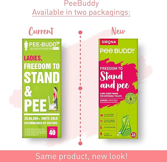 Comparison of current and new packaging of PeeBuddy products on a white background.