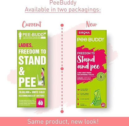 Comparison of current and new packaging of PeeBuddy products on a white background.