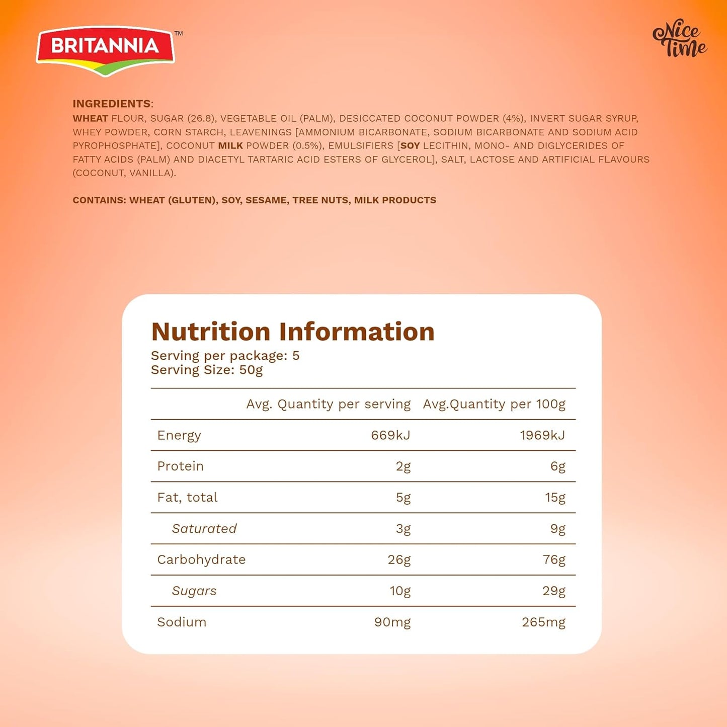 Britannia Nice Time 16.9oz (480g) | Delicious Coconut Biscuit Crunchy - Kids Favorite Breakfast & Tea Time Snacks (Pack of 1)
