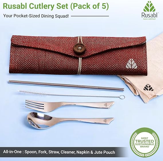 Rusabl Stainless Steel Cutlery Set Reusable Travel for Daily Use, Gifting and Traveling, Spoon and Fork Set (Spoon, Fork, Steel Straw, Cleaner, Napkin and Jute Pouch (Red)