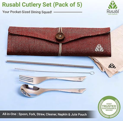 Rusabl Stainless Steel Cutlery Set Reusable Travel for Daily Use, Gifting and Traveling, Spoon and Fork Set (Spoon, Fork, Steel Straw, Cleaner, Napkin and Jute Pouch (Red)