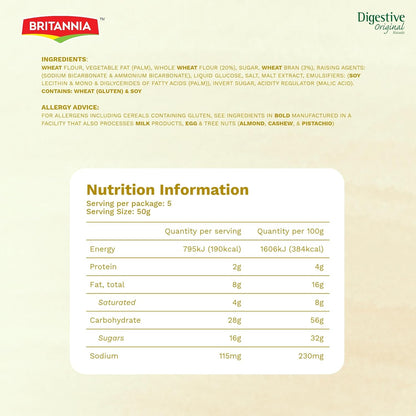 Britannia Digestive High-Fiber Biscuits | Healthy Whole Wheat Cookies No Added Sugar Crisp Tea Time Snack (400g)