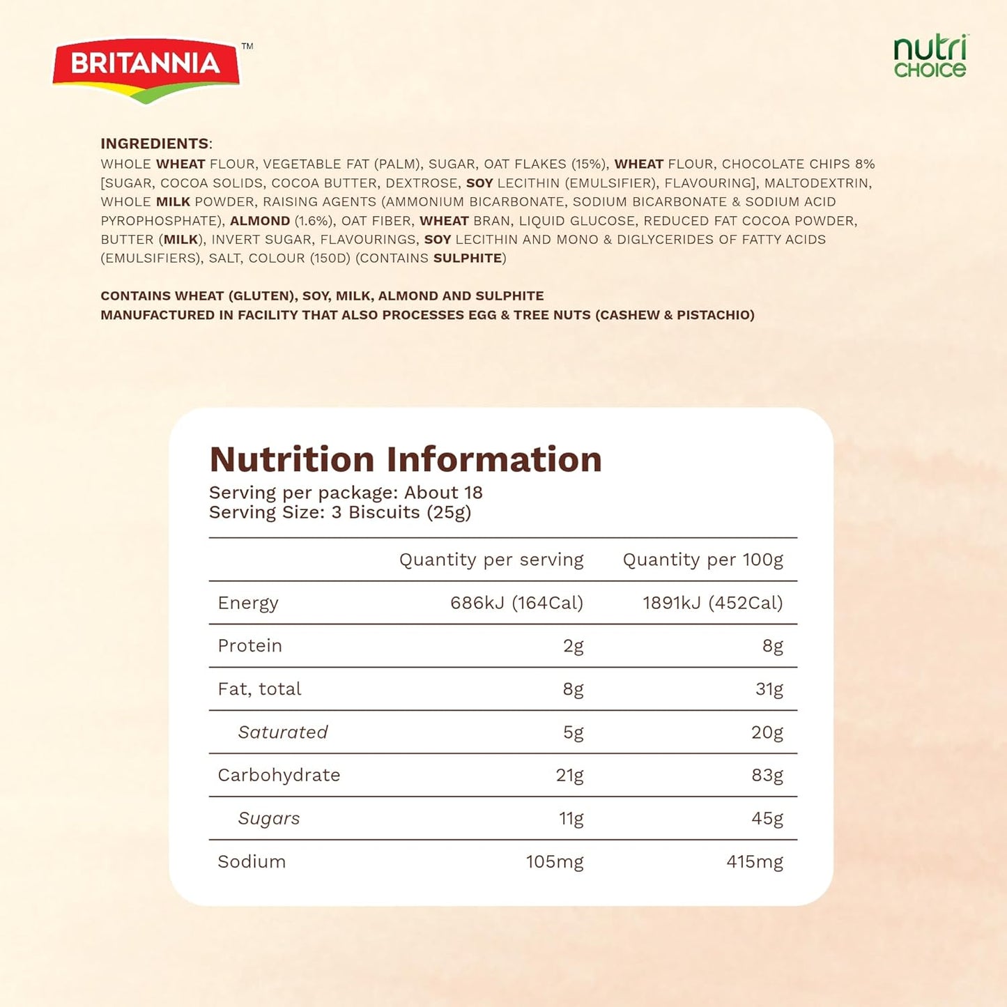 Britannia NutriChoice Oats Cookies Chocolate Almond Family Pack (6X75g)